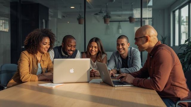 Collaborating team brainstorming around MacBooks in modern glass meeting room