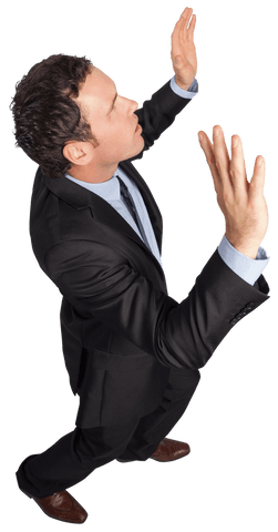 Transparent Businessman Raising Arms Upward