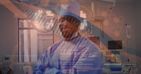 Innovative Healthcare: Surgeon in OR with DNA and Technology Overlay