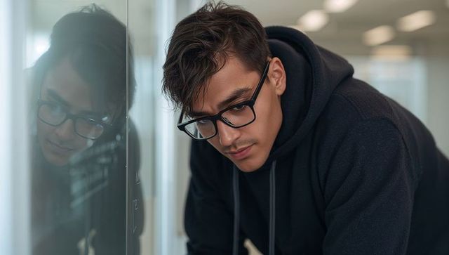 Leaning young man writing on glass partition, reflecting focus and modern workspace