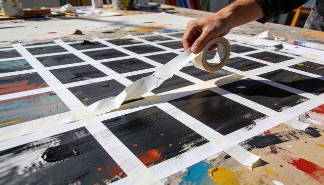 Artist peeling masking tape from black grid painting on studio worktable