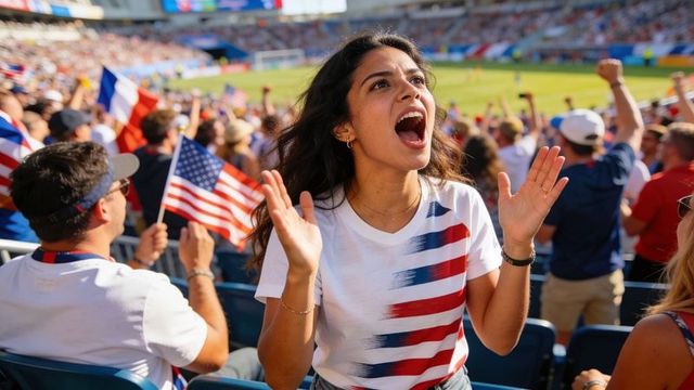 Passionate fan cheering in stadium wearing red blue striped tee and waving american flags