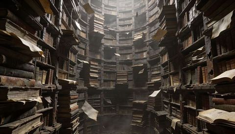 Ancient Circular Library Rotunda with Floating Pages, Dust Motes and Leatherbound Stacks