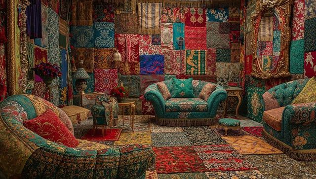 Bohemian patchwork parlor featuring teal emerald loveseat and curved vintage upholstery