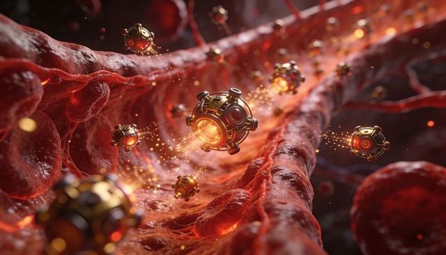 Nanobots navigating microvessel with glowing orange cores and particle trails for therapy
