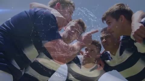 Athletes in Huddle Fueled by Futuristic Digital Strategy