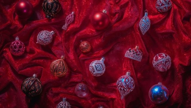 Luxurious christmas ornaments on red velvet display