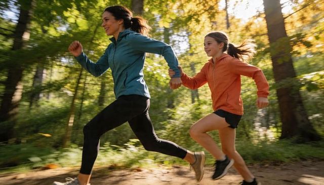 Mother and daughter running hand in hand on sunlit forest trail wearing colorful jackets
