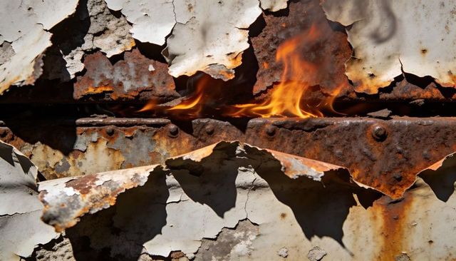 Flames licking rusted riveted metal seam revealing peeling off-white paint and texture