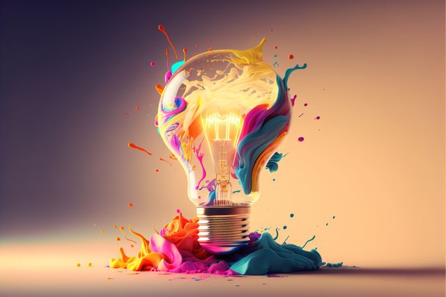 Image of lightbulb with colourful stains on beige background, created using generative ai technology. Lightbulb, creative and pattern concept, digitally generated image.