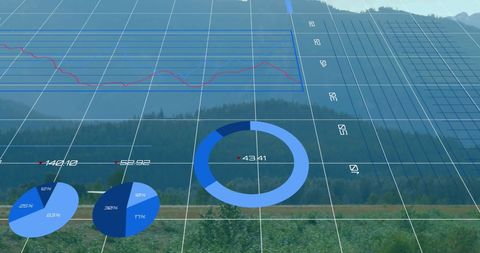 Financial data visualization over mountain landscape