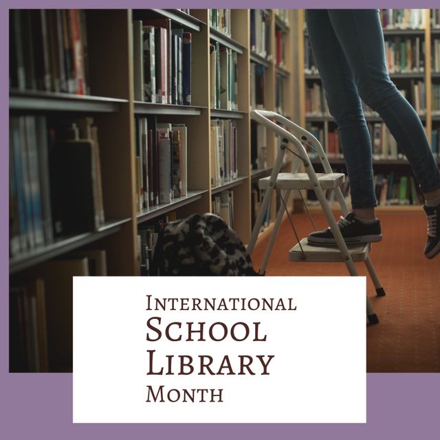 Illustration for International School Library Month featuring young woman on ladder accessing bookshelves. Ideal for campaigns promoting library usage, reading habits, and educational activities in school settings. Useful for academic institutions, library advocates, and educational programs encouraging book reading and library visits.