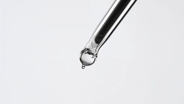 Glass pipette dripping crystal-clear droplet of serum on neutral background, minimal macro