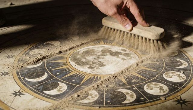 Brushing dust from lunar phases disc on workshop tabletop with handheld bristle brush