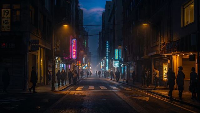 Walking pedestrians crossing neon-lit street at dusk with wet reflections and silhouettes