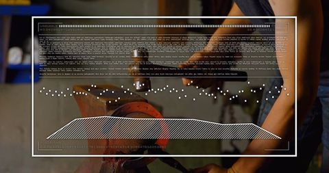 Blacksmith hammering metal with high-tech hud overlay sparks creativity