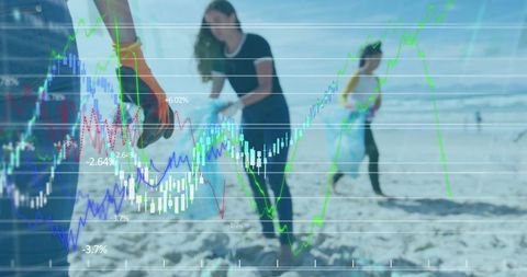 Environmental Clean-Up Volunteers with Financial Graph Overlay