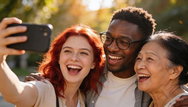 Joyful multigenerational friends taking selfie outdoors smiling together in golden hour