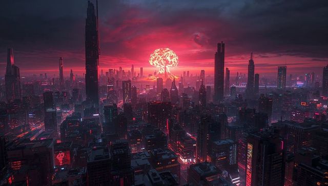 Dystopian futuristic cityscape with neon glow and mushroom cloud