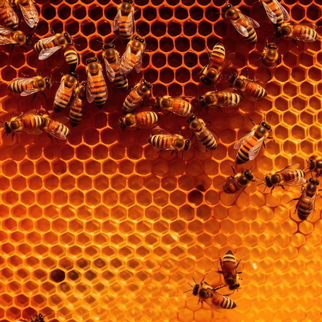 Close up of multiple bees on honeycomb created using generative ai technology. Nature, animals and insects concept digitally generated image.
