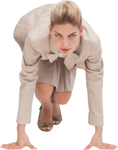 Competitive businesswoman crouched in race start position transparent background