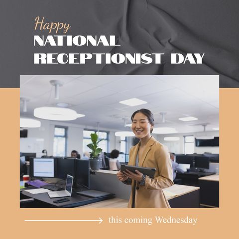 Smiling receptionist celebrating national receptionist day in office