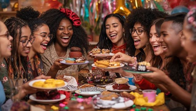 Laughing diverse friends sharing colorful cupcakes and desserts at joyful birthday party
