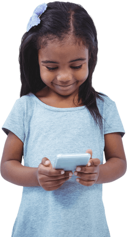 Joyful girl using smartphone on transparent background