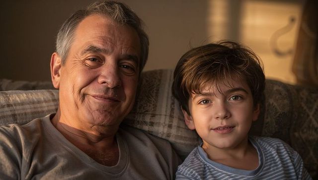 Warm Multigenerational Moment: Grandfather and Grandson Relaxing Together on Couch