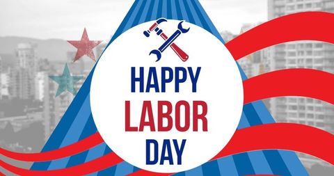 Labor day celebration with cityscape and symbols