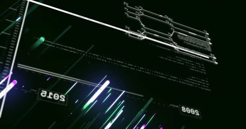 Futuristic neon hud data stream with diagonal glowing streaks and wireframe timeline