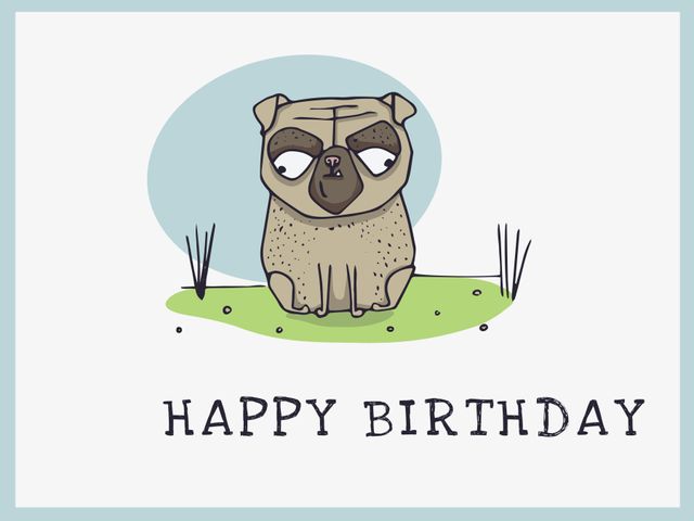 This illustration of a cartoon pug with a 'Happy Birthday' greeting is perfect for sending to dog lovers on their special day. Use it as a fun, adorable birthday card or for digital birthday wishes. Great for pet-themed parties or as part of a pet-themed gift.