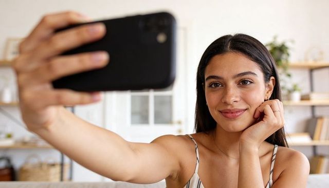Young woman taking selfie on sofa in bright living room for social media portrait