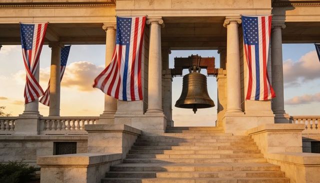 Neoclassical memorial bell hanging between columns with american flags at golden hour