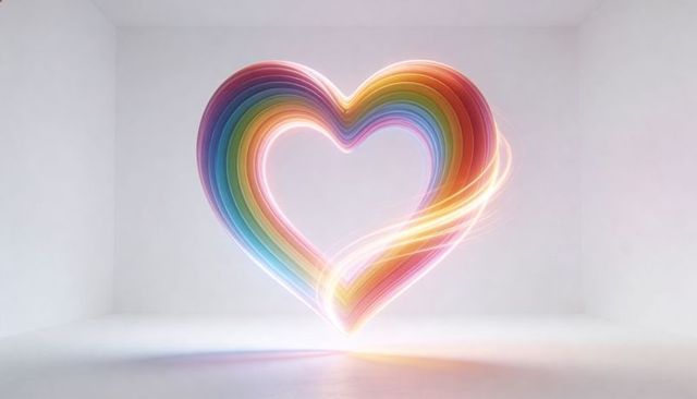 Suspended layered rainbow heart emitting luminous ribbon glow and prism reflections