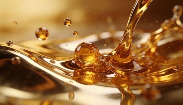 Pouring golden-amber liquid creating crown splash with suspended droplets and reflective ripples