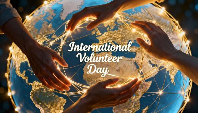 Hands connecting illuminated global network on globe for international volunteer day