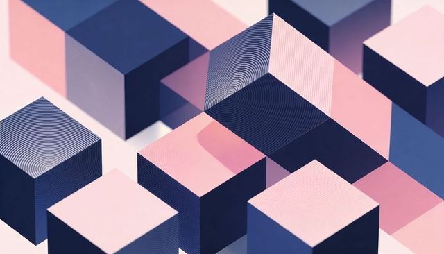 Floating isometric navy and pink cubes with concentric line pattern and minimal depth