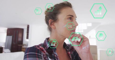 Thoughtful Woman Surrounded by Eco Icons in Bright Modern Space