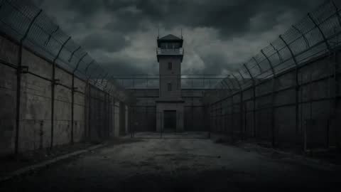 Desolate Prison Exercise Yard with Guard Tower under Gathering Storm Clouds