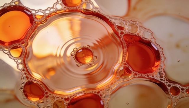 Macro amber oil bubbles creating concentric ripples and microbubbles on glass surface with warm glow