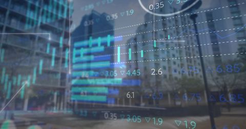 Cityscape Overlaid with Digital Data and Graphs