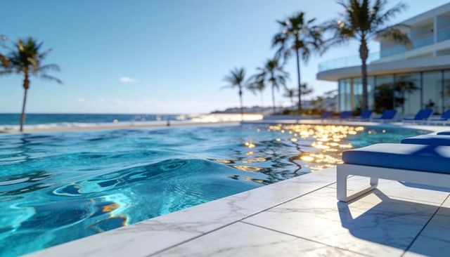 Luxury beach resort infinity pool shimmering under sun with marble deck and blue loungers