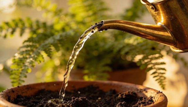 Brass watering can pouring water into terracotta pot with fern, sunlit closeup, backlit bokeh