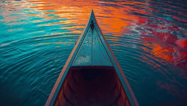 Lakeside Serenity: Canoe at Sunset with Vibrant Reflections