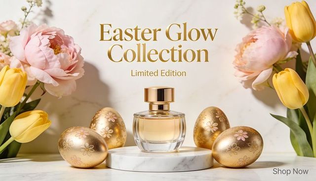 Easter glow collection luxury perfume display with gold eggs and spring flowers