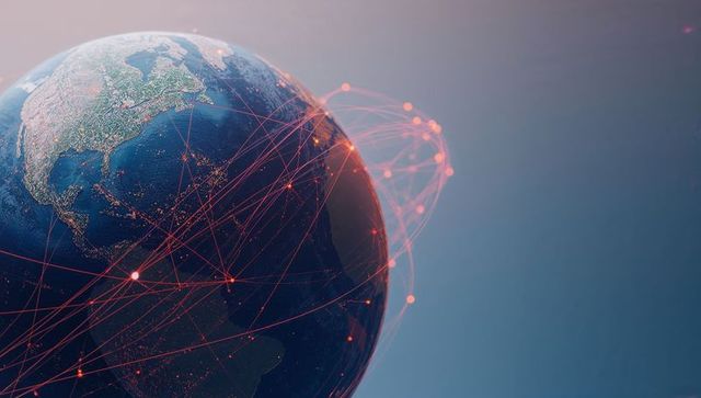 Connecting Global Network Over Night-time Earth Showing Americas Lights and Data Arcs