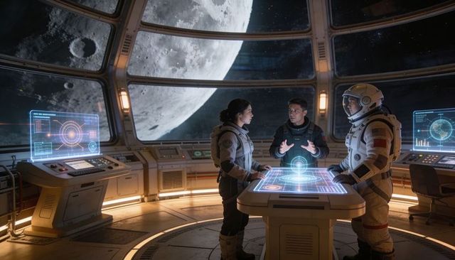 Crew planning lunar mission with holographic navigation table in spacecraft command module