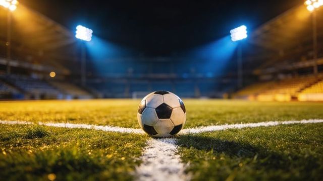 Soccer ball resting on center line under floodlights at night stadium for match kickoff