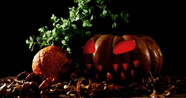 A carved pumpkin with a menacing face glows ominously in a dark setting, surrounded by autumn leaves and another smaller gourd. The scene captures the spooky essence of Halloween, with the jack-o'-lantern's red light adding a dramatic effect to the seasonal decor.